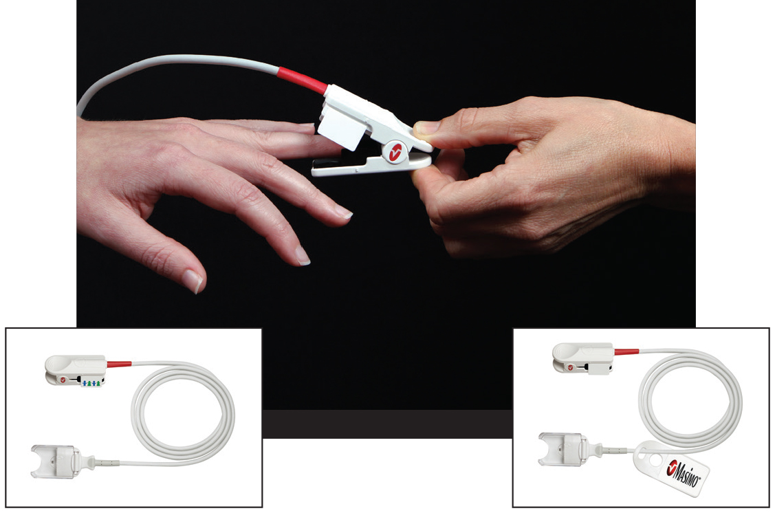 placing noninvasive Masimo Pronto sensor on patient's finger